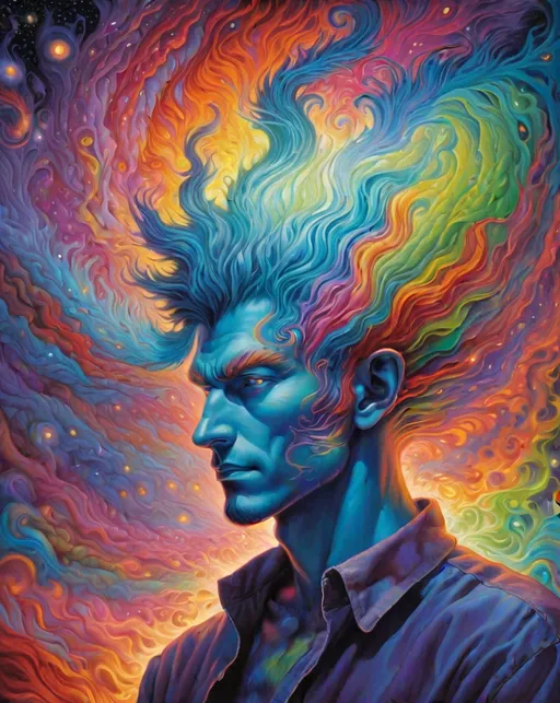 Prompt: will-o'-the-wisp:: a man with a colorful monster head, in the style of psychedelic overload, trick of the eye paintings, mark henson, swirling vortexes, emphasizes emotion over realism, chaotic energy, wormcore 
