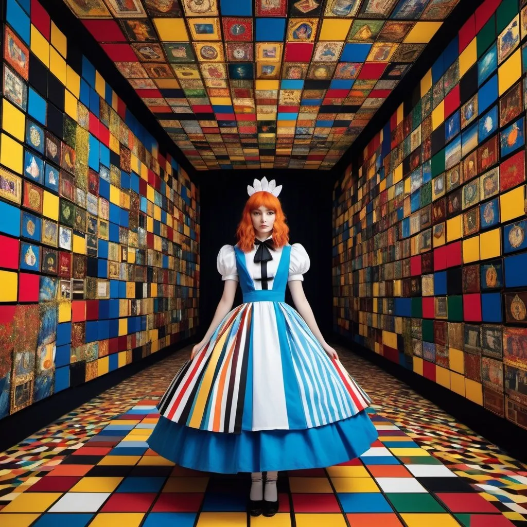 Prompt: giant Alice in Wonderland, brokenhearted and despairing, trapped inside of Vinicunca Rubik's Cube, multi-layered striped, twisted, dolly kei, In the style of Gustav Klimt and Kirsty Mitchell, dramatic Oscar-winning film captures 