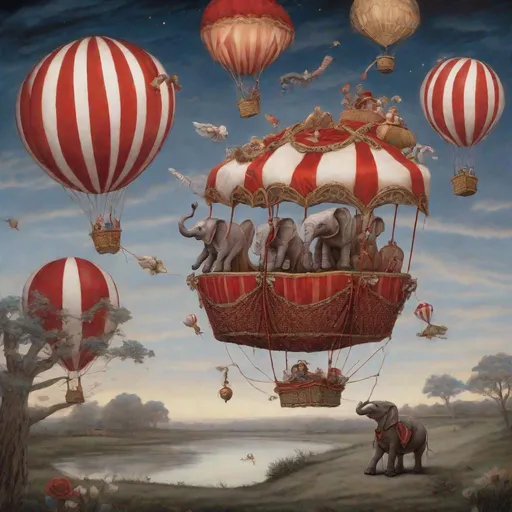 Prompt: A whimsical, fantastical scene set at twilight with a large red and white striped hot air balloon in the sky. Attached to the balloon, instead of a basket, there's a seat where an elephant is flying. The elephant is adorned with a red blanket with gold trimmings and has a person in a red jacket and post rider hat astride it, holding reins. Another individual in a green coat and hat is seated beside the elephant, perhaps on a floating platform, observing the surroundings. Below them, the Eiffel Tower stands tall amidst floating paper airplanes. The atmosphere is magical, with a clear blue sky speckled with stars, and the overall color palette is in warm sepia tones, lending a vintage look with steampunk gantry elements.