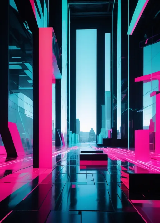 Prompt: constructivist glitch art downtown spaceville soiree , contrast of lines and bold sculptures shape this futuristic artistic space , glitchwave lightcore artspace 