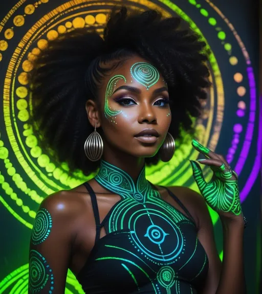 Prompt: a beautiful black woman with crop circles painted with fluorescent ink over all her skin, rave style, natural pose 