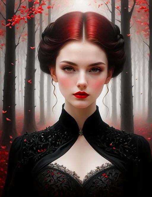 Prompt: A beautiful young lady, beautiful face, wearing black dress, a ghostly forest of white trees with red leaves background, god rays through the tees, rim lighting, foggy bleak mood art by Rebeca Saray, Michael Creese, Frank Cadogan Cowper, Yves Saint-Laurent, Thomas Edwin Mostyn, Hiro isono, James Wilson Morrice, Axel Scheffler, Gerhard Richter, pol Ledent, Robert Ryman. Guache Impasto and volumetric lighting. Mixed media, elegant, intricate, beautiful, award winning, fantastic view, 4K 3D, high definition, hdr, focused, 