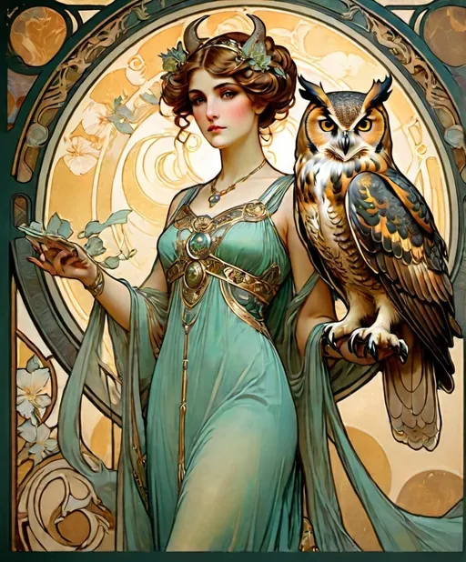 Prompt: woman in flowing dress holding a horned owl by alphonse mucha in alcoholink with gold paint flecks, art nouveau, ornate border, celestial aesthetic, fantastic realism, dynamic lighting