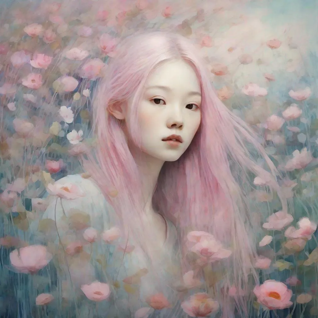 Prompt: A very pretty dreamy girl, beautiful face, long floating platinum silver and pink hair in a field of flowers art by Lin Fengmian, Anna dittmann, Justin Gaffrey, John Lowrie Morrison, Patty Maher, John Ruskin, Chris Friel, van Gogh, Valerie Hegarty, endre penovac. 3d, soft colors watercolors and ink, beautiful, fantastic view, extremely detailed, intricate, best quality, highest definition