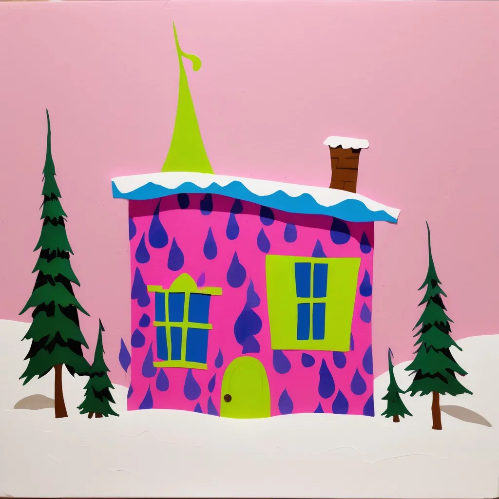 Prompt: simple, minimalistic, whoville house, multimedia paper and cardboard layers, acrylic paint, art exhibit, blurple pink, grinch