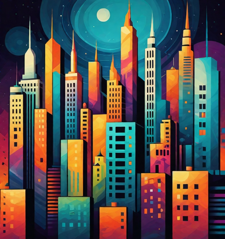 Prompt: abstract cityscape, in the style of colorful solution, ancient futurism 