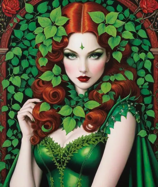 Prompt: intrigued poison ivy medieval grunge fantasy demi goddess vampire in fornasetti style, by laurie simmons