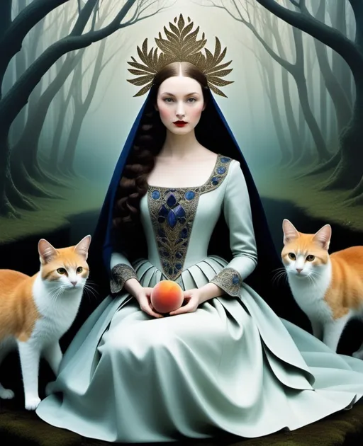 Prompt: Style by Laurie Simmons, Dee Nickerson, Anastazja Markowicz, Erwin Blumenfeld, Meret Oppenheim, Yoann Lossel, Dan Hillier, Peter Lippmann, Abigail Larson, Catrin Welz-Stein, Kathleen Lolley: The wandering beautiful mythical  mage, she sings a whimsical tune to enchant the animals, whimsical landscape, Vivid warm colors (use colors like: peach, indigo, purple, yellow), beautiful, dreamy. 