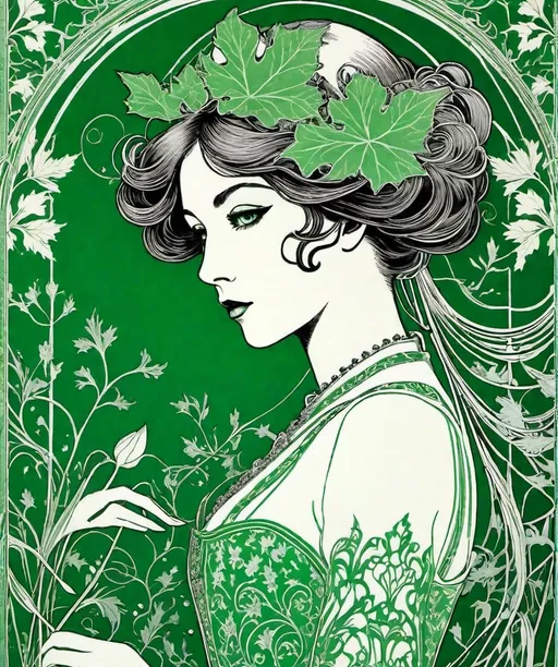 Prompt: The beautiful ghostly girl, android with molten filigree green leaves damast ornamental pattern, Fauna and androids are become one unit, biotechnical, art nouveau Design by Marie Casset and Aubrey Beardsley 
