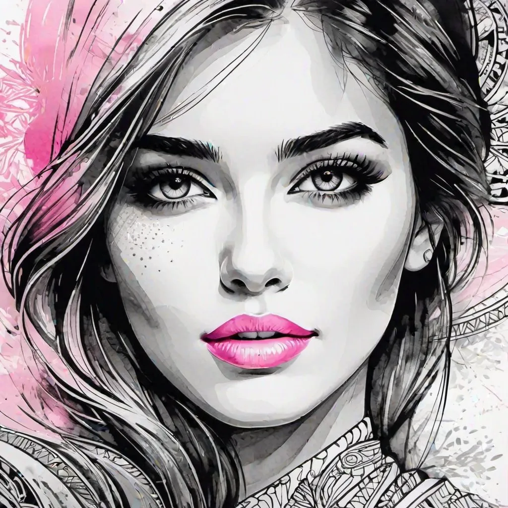 Prompt: A beautiful woman face, closeup, modern european ink painting, intricate lines drawings, decoupage, black, pinkand white gradient coloring, a detailed drawing