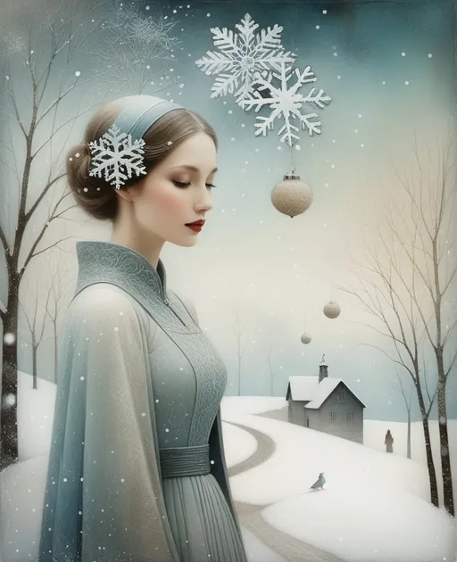 Prompt: Mixed media textured painting of a beautiful snow scene, ethereal looking, soft and painterly, neutral muted colors, bluish, inspired by Catrin Welz - Stein