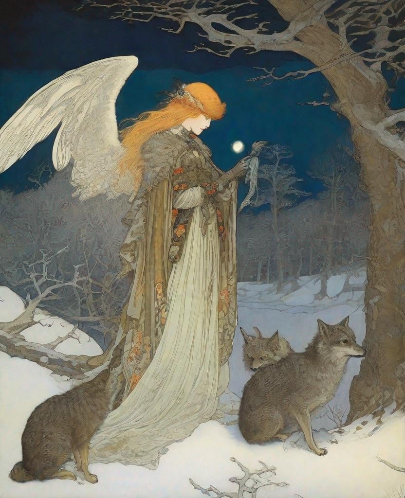 Prompt: Marianne Stokes, Masaaki Sasamoto, Carlos Schwabe, Virginia Frances Sterrett, Gustav Dore, Albrecht Durer: On a winter's night, a beautiful girl sorcerer goes out to the wilderness to commune with the spirits of death and decay, bats, horned owls, wolves and ghosts, Mysterious