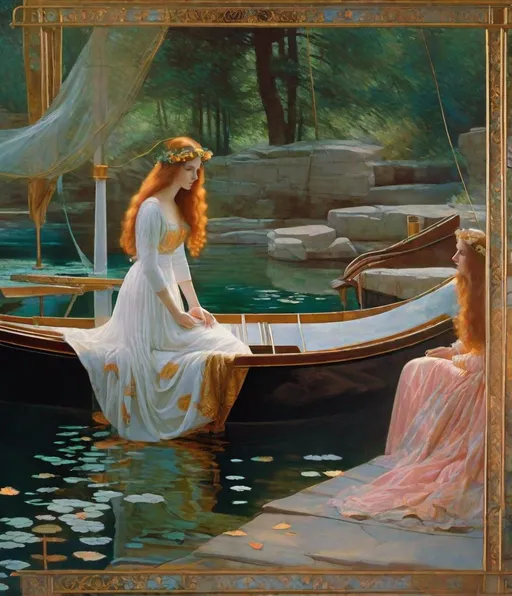 Prompt: Experiment with "pre-Raphaelite painting style" to create wireframe holograms of the characters from Alfred Lord Tennyson's "The Lady of Shalott," capturing the romantic and tragic essence of this medieval grunge poem, photography by WLOP, SLim aarons