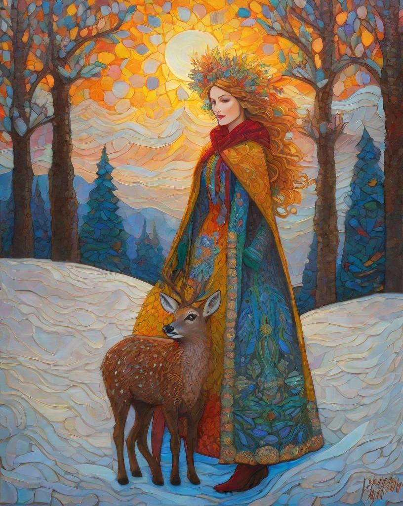 Prompt: A very beautiful lady, fawncore, winter sunrise, praise the sun, textured painting, impasto, fauvist, magical realism style, art by  Emily Balivet, Del Kathryn Barton, Elsa Beskow