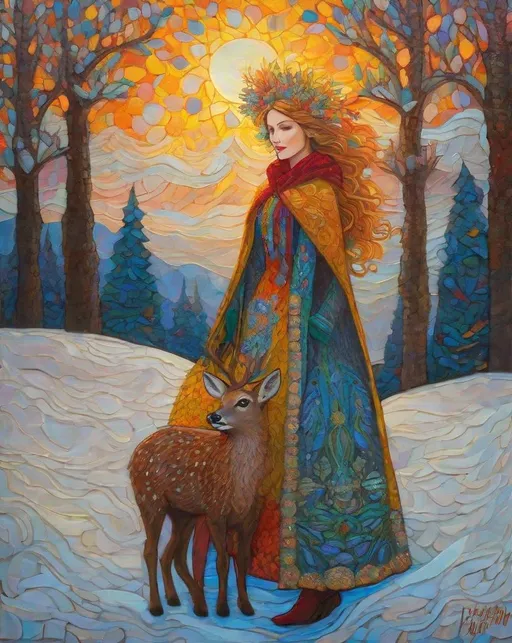 Prompt: A very beautiful lady, fawncore, winter sunrise, praise the sun, textured painting, impasto, fauvist, magical realism style, art by  Emily Balivet, Del Kathryn Barton, Elsa Beskow