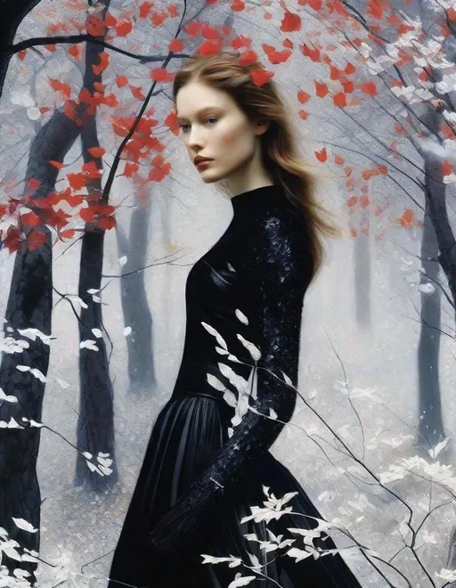 Prompt: A beautiful young lady, beautiful face, wearing opalescent black dress in a ghostly forest of white stem trees with red leaves, god rays through the tees, rim lighting, art by Mario Sorrenti,  Yves Saint-Laurent, Paolo Roversi, Thomas Edwin Mostyn, Hiro isono, James Wilson Morrice, Axel Scheffler, Gerhard Richter, pol Ledent, Robert Ryman. Guache Impasto and volumetric lighting. 3/4 portrait, Mixed media, elegant, intricate, beautiful, award winning, fantastic view, 4K 3D, high definition, hdr, focused, iridescent watercolor and ink