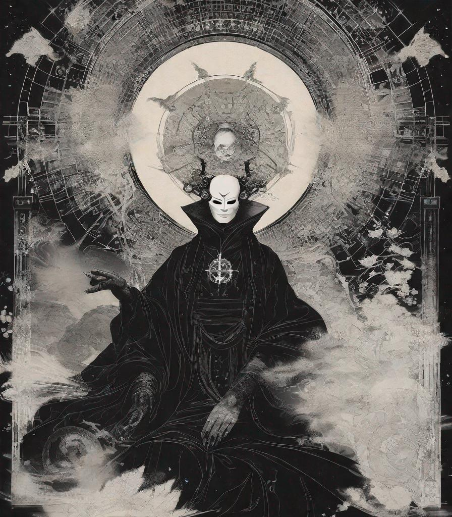 Prompt: sandman:: photonegative refractograph sandman morpheus wearing his sigil mask in the dreaming:: with his sister death, japanese art, painting, monotone 