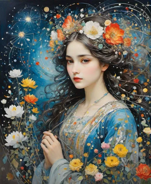 Prompt: Use style of John Frederick Lewis, Joan Snyder, Zemer Peled, Joana Vasconcelos, John Twachtman: The beautiful girl, caught betwixt fleeting dreams and waking fears, blossoming petals, yet to unfurl, amidst the symphony of life's bittersweet tears, in her eyes, the constellations collide, echoes of innocence, tinged with the ache of time, her heart a garden, both wild and tame, with each whispered breath, a symphony unfolds, in the growing pains that make her whole.
