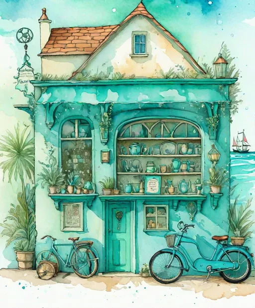 Prompt: gairndhu vintage garage sale shop & cafe, in the style of whimsical illustration, sea green and blue, medievalist, bombacore, endurance art, british topographical, aquarellist 