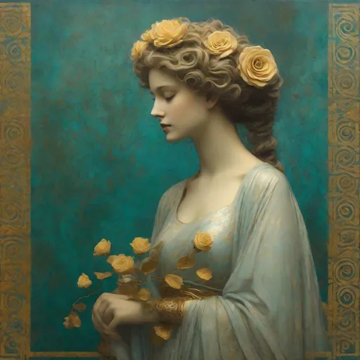 Prompt: Style by lisa aisato, Gennady Spirin, Franz von Stuck, Texture weathered surface, side view of a classical female figure with detailed golden curls and roses entwined in her hair, against a textured patina teal background with golden floral embossed patterns. Her expression is serene and contemplative, with porcelain-like skin showing delicate crackle texture, reminiscent of a Renaissance painting.