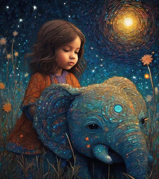 Prompt: The little native American super cute girl holding her star magic wand posing with her cute elephant friend. In style of james r eads,  Sam Toft, Anna dittmann, Justin Gaffrey, John Lowrie Morrison, Patty Maher, John Ruskin, Chris Friel, van Gogh. 3d, extremely detailed, intricate cinematic lighting, high definition 
