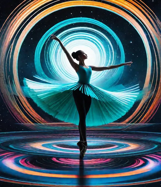 Prompt: A ballet dancer does a pirouette, a heliocentric reality revolving around art science and philosophy where our thoughts drive motion and motion inspires thought in a perpetual world of progress , idealwave dreamcore futurepunk a new world is arising in vibrant bold textures and colors more is less and less is more in an organically balanced world tipping the plane of consiousness, huzzah 