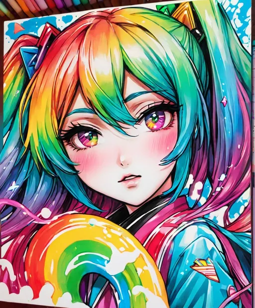 Prompt: Graffiti Art, Miku is totally wasted and barfs a rainbow aggressively with squeezed eyes, Copic 