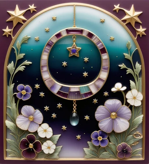 Prompt: gate and/or gait Mixed media of Fluorite, Gold Cloisonne, and Alcoholink with thin black purple gold bright white lines at boundaries. Shades of deep burgundy, lemony yellow, indigo, teal, deep mauve. English country village in the night with cute houses, delicate, fragile. Michaelmas daisies and bright stars and pansies in foreground composed of Fluorite. Delicate Faberge gold cloisonne half moon in mauve and gold details, inlaid with fresh water pearls 