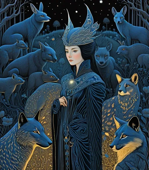 Prompt: She is a night girl with night animals style of Simen Johan, Michael Hutter, Genevieve Godbout, Morris Hirshfield, Robert Gillmor, Amy Giacomelli. Extremely detailed, intricate, beautiful, 3d, high definition 