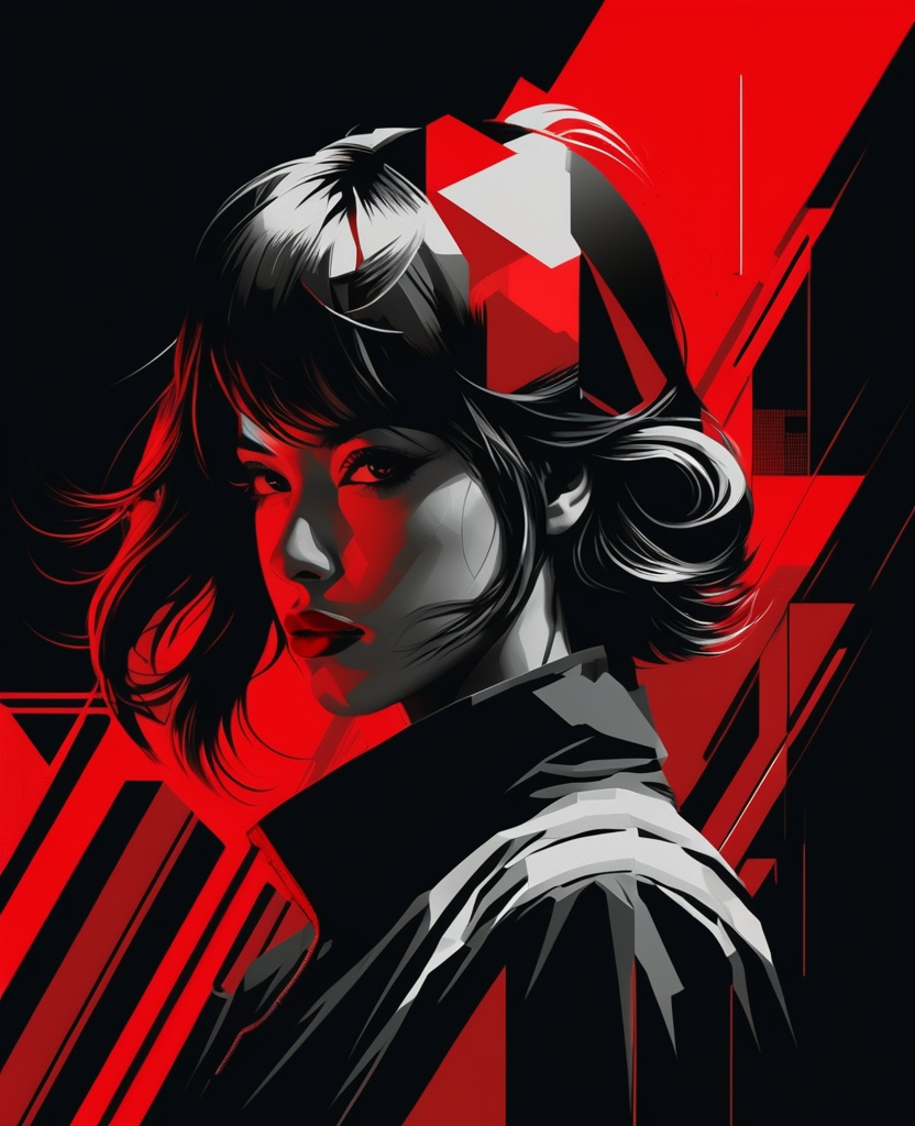 Prompt: black and red portrait of a girl, constructivist glitch art, movie illustration, elegant 