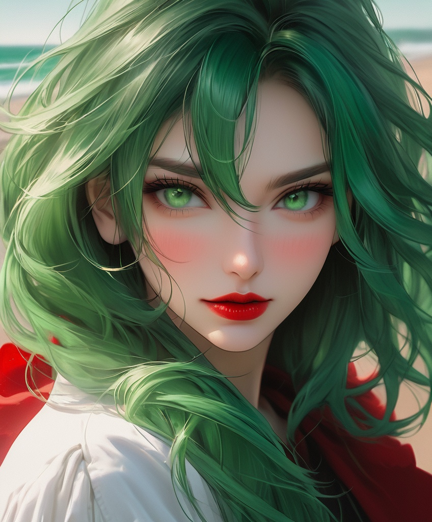 Prompt: Selfpotrait photo of an instagram model, ombre green hair, green eyes of incredible depth, red lips, sensual photo model female portrait, slight smile, serene, head thrown back, hair ruffled by wind, eyes looking into camera, very realistic, highly detailed