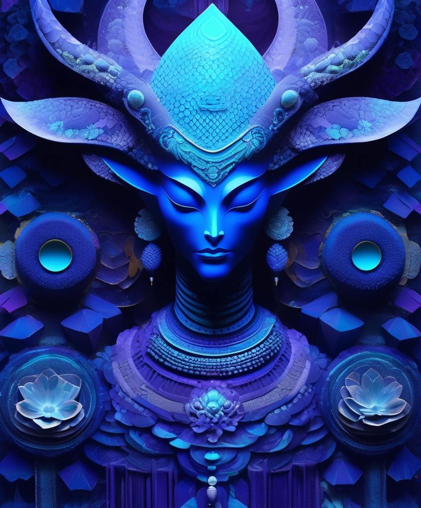 Prompt: exquisite indigo alien god, inhale the toxic plum, textured facial hexhive 