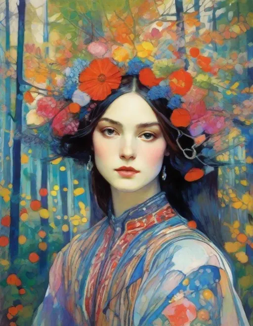 Prompt: Lovely pretty beautiful young lady, beautiful face, in a magical whimsical colorful forest in bloom Illustration art by Ferdinand Hodler, Romulo Royo, Yves Saint-Laurent, Yulia Brodskaya, Edward Julius Detmold, Paolo Roversi, Thomas Edwin Mostyn, Hiro isono, James Wilson Morrice, Axel Scheffler, Gerhard Richter, pol Ledent, Robert Ryman. Guache Impasto and volumetric lighting. Mixed media, elegant, intricate, beautiful, award winning, fantastic view, 4K 3D, high definition, hdr, focused, iridescent watercolor and ink