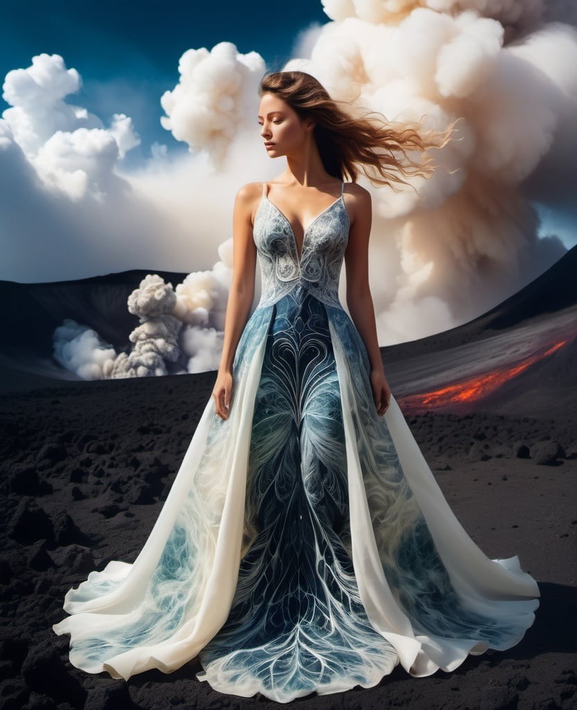 Prompt: Double exposure of a beautiful surreal goddess, the bottom of her dress is a volcano erupting molten filigree lava, her upper body is made of the volcano dusty clouds, impasto, encaustic paint, volumetric lighting 