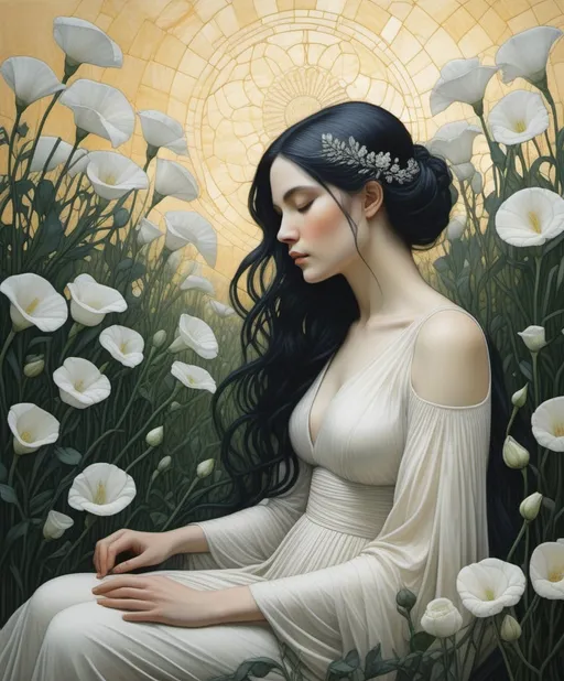 Prompt: Peeling encaustic texture, Nico Delort, Jenny Frison, Paolo Uccello, Childe Hassam, the beguilling goddess of death lounges in a field of lisianthus, She inspires fear, yet we are drawn to her. Seeking her embrace and the resulting serenity. 