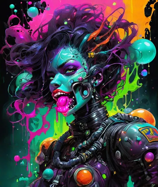 Prompt: the craziest and strangest space pilotssartorial cell shaded roguecore voodoo, she is a dark villain. and rebell. excessive molecular bubble gum elements, vibrant wild artful toxic neon biomechanic urban art smooth and elegant deep emotions strong expressions, negative space colorful ink painting