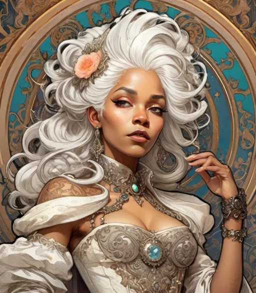Prompt: ororo munroe, white hair, fancy ornated on neon victorian age, medieval grunge, victorianpunk, fashion design sketch, met gala event, royal gala, rococo, baroque, hyper realistic, insanely detailed and intricate, hyper maximalist, elegant, super detailed, dynamic pose 