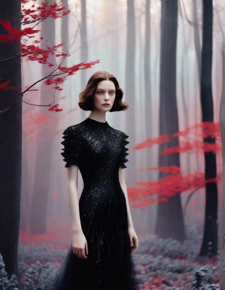 Prompt: A beautiful young lady, beautiful face, wearing opalescent black dress in a ghostly forest of white stem trees with red leaves, god rays through the tees, rim lighting, art by Laurie Simmons,  Yves Saint-Laurent, Paolo Roversi, Thomas Edwin Mostyn, Hiro isono, James Wilson Morrice, Axel Scheffler, Gerhard Richter, pol Ledent, Robert Ryman. Guache Impasto and volumetric lighting. 3/4 portrait, Mixed media, elegant, intricate, beautiful, award winning, fantastic view, 4K 3D, high definition, hdr, focused, iridescent watercolor and ink