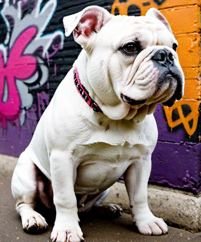 Prompt: a white bulldog completely covered in graffiti, photography by Jill Greenberg 