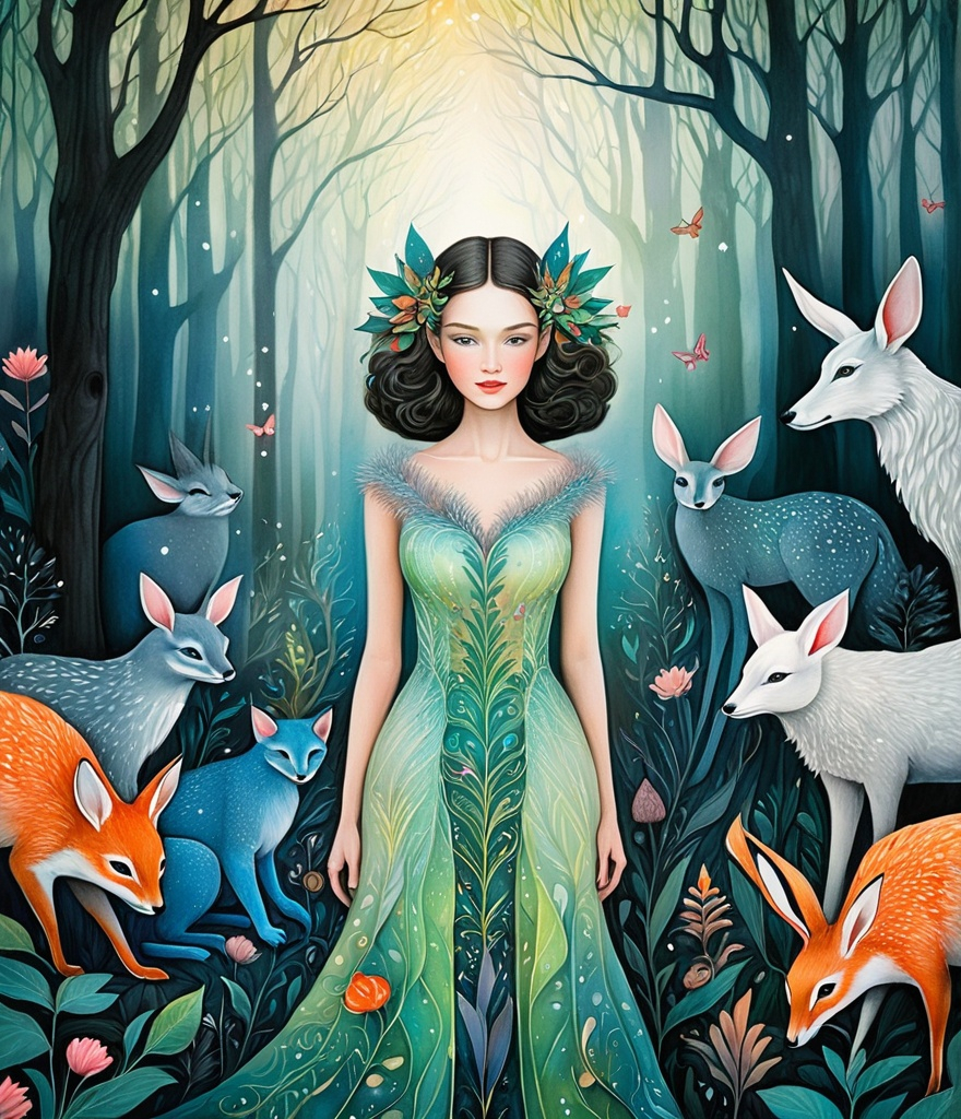 Prompt: The very Pretty girl and beautiful creatures at a magical night forest Illustration art by Agnieszka Lorek, Michael Leunig, Edward Okun, anna dittmann, Kazumasa Nagai, Desmond Morris. 3/4 body portrait, 3d, Watercolor and ink, impasto, volumetric lighting, spectacular, intricate, beautiful, fantastic view, extremely detailed