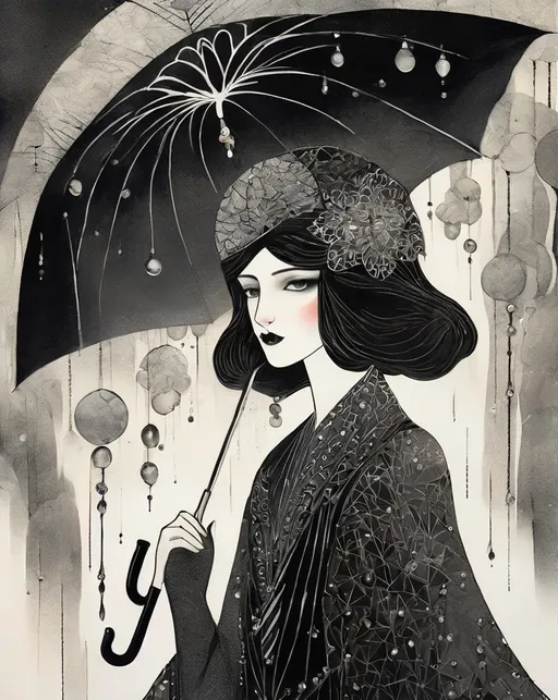 Prompt: illustration of girl holding an umbrella, in the style of surrealist-inspired works, dark white and black, jewelry by painters and sculptors, vienna secession, elegant, emotive faces, bubble goth, subtle playfulness 
