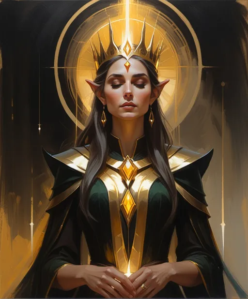 Prompt: the elf queen in the style of layered gestures, god rays, dark gold and black, atmospheric color washes, john larriva, spiritualcore, religious themes, Heliocentric