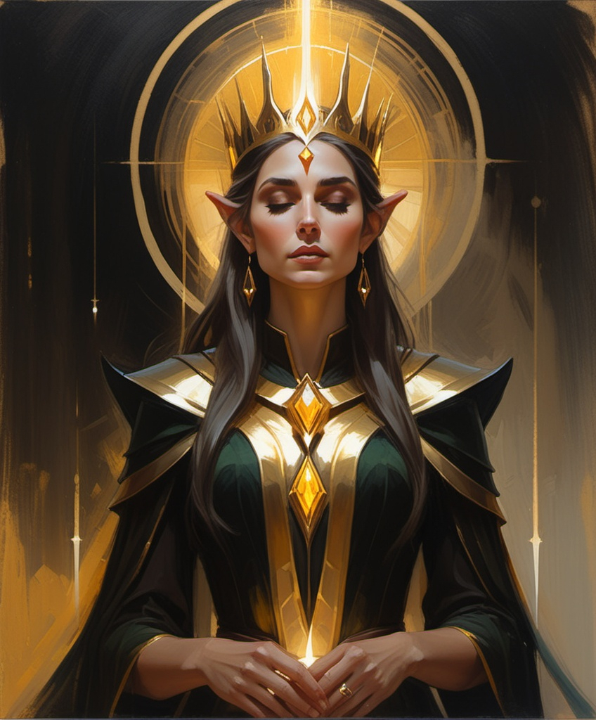 Prompt: the elf queen in the style of layered gestures, god rays, dark gold and black, atmospheric color washes, john larriva, spiritualcore, religious themes, Heliocentric