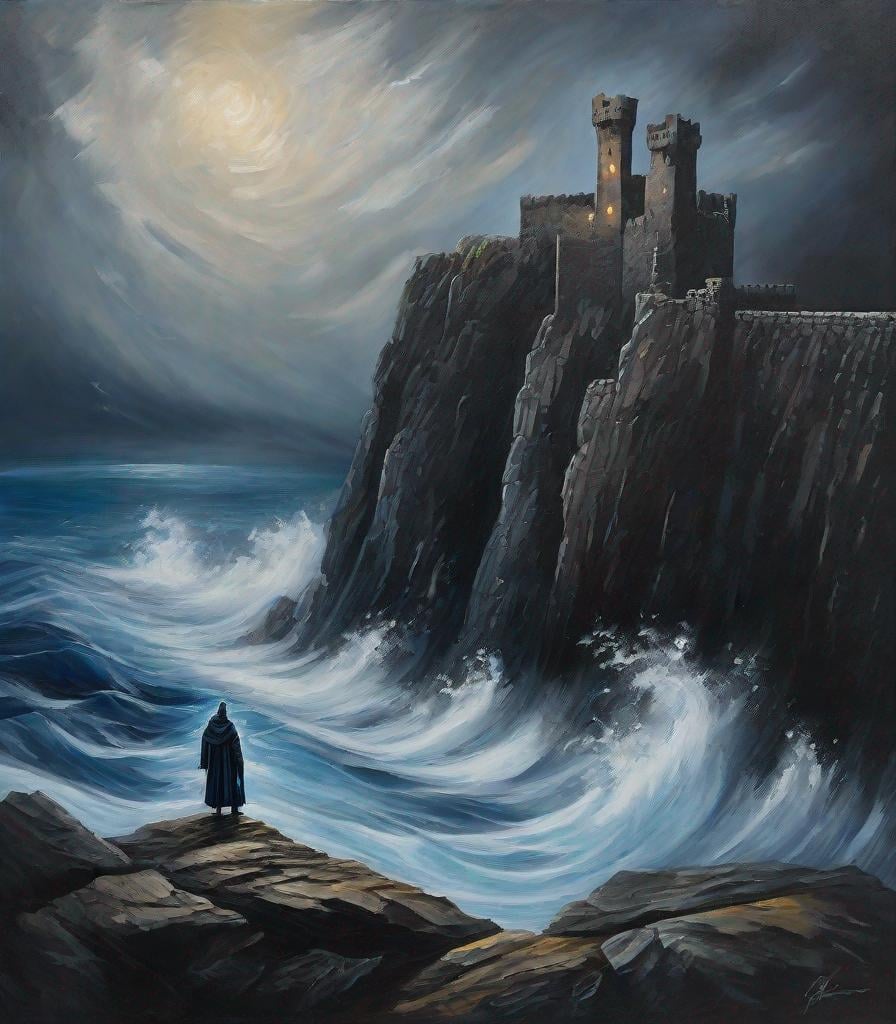 Prompt: Low angle view of a medieval grunge hero on a cliff::2 overlooking a turbulent sea::1.5 Waves crashing against the rocks, spray mingling with the mist from the sea::1.5 Stormy night, lightning illuminating the fortress and the sea, creating dramatic contrasts::1.5 Acrylic painting, bold strokes, dark blues and grays, with flashes of white for the lightning::1.5 Text, ancient nautical charts and sea monster illustrations bordering the artwork::2
