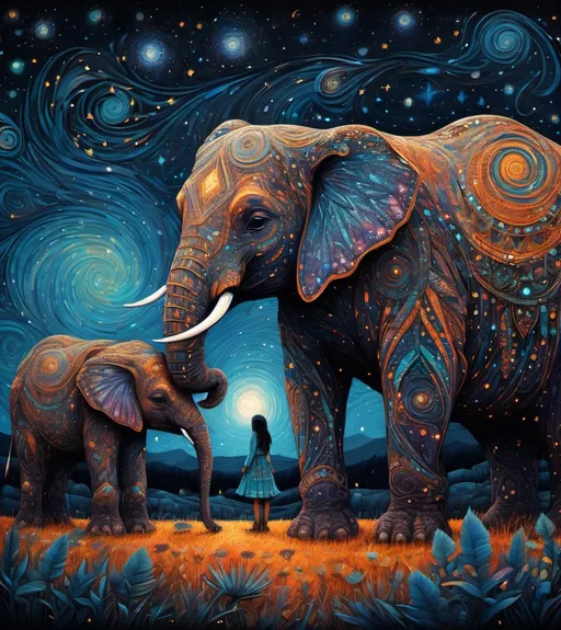 Prompt: The native american pretty girl wearing her starry clothes with her cute elephant friend. In style of james r eads,  Sam Toft, Anna dittmann, Justin Gaffrey, John Lowrie Morrison, Patty Maher, John Ruskin, Chris Friel, van Gogh. 3d, extremely detailed, intricate cinematic lighting, high definition 