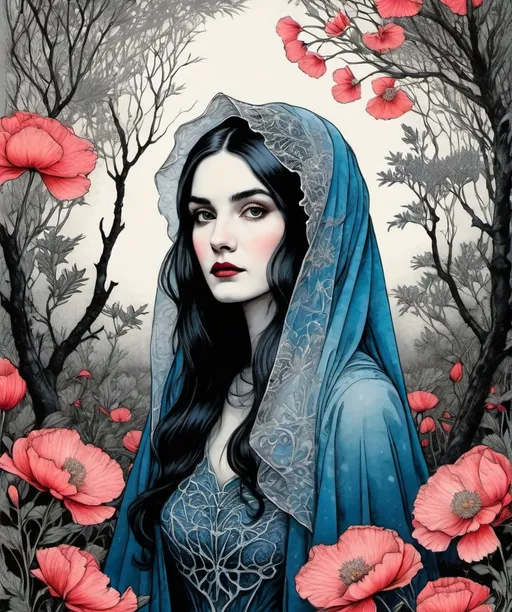 Prompt: Craquelure, tempera, Fine art etching: a very beautiful woman with a veil in her hair, Iren Horrors, Dan Hillier, Edward Gorey style, surrounded by tall branches of poppies, camellia, hibiscus, foliage, spider lily, spot coloring, black, pink and periwinkle gradient coloring, a detailed drawing, craquelure silver blue sky patina background, fantasy art, a detailed drawing, decoupage