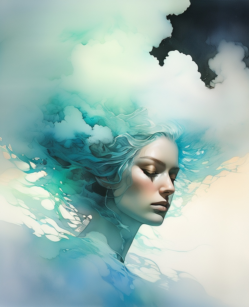 Prompt: Ethereal Hauntingly beautiful, a ghost surrounded by fog, smoke, her hair is a cascade of clouds art by zdzislaw beksinski, Agnes Cecile, conrad roset, Melanie Delon, Artgerm, Jordan Grimmer, peter mohrbacher. Aquarelle, eyes closed Highly detailed, Beautifully lit, best resolution, shimmer, glow, iridescent Watercolors, crispy, golden ratio, High quality, intricate details. beautiful, high definition, volumetric lighting 