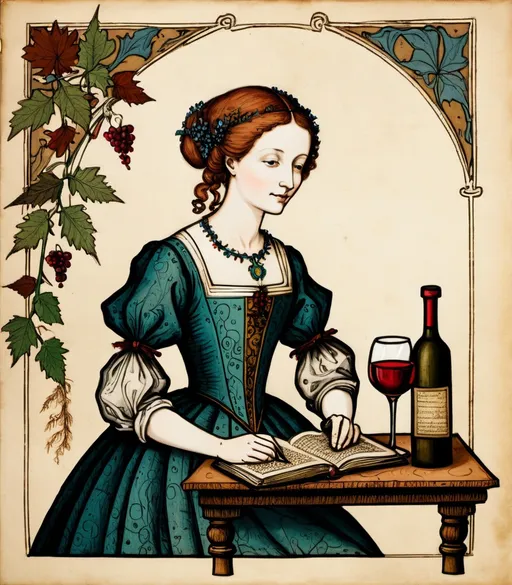 Prompt: pyrograhic voynich colored book print,marginalia lady and wine,medieval grunge 