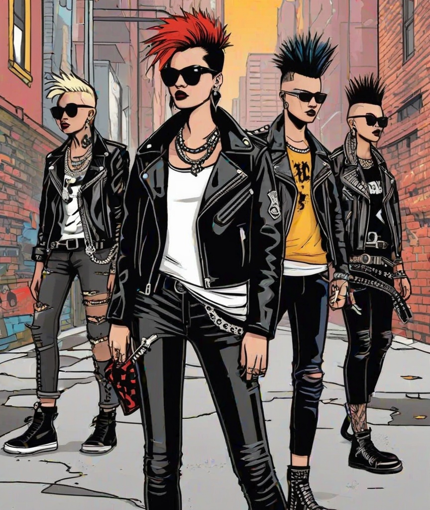 Prompt: A gritty urban alleyway serves as a backdrop for a group of individuals flaunting bold punk fashion. Their sartorial choices rebel against convention, featuring leather jackets, spiked accessories, and DIY embellishments. The illustration captures the raw energy and defiant spirit of punk culture, with each character exuding confidence and individuality. This artwork is a tribute to punk's enduring influence on fashion and its challenge to societal norms.