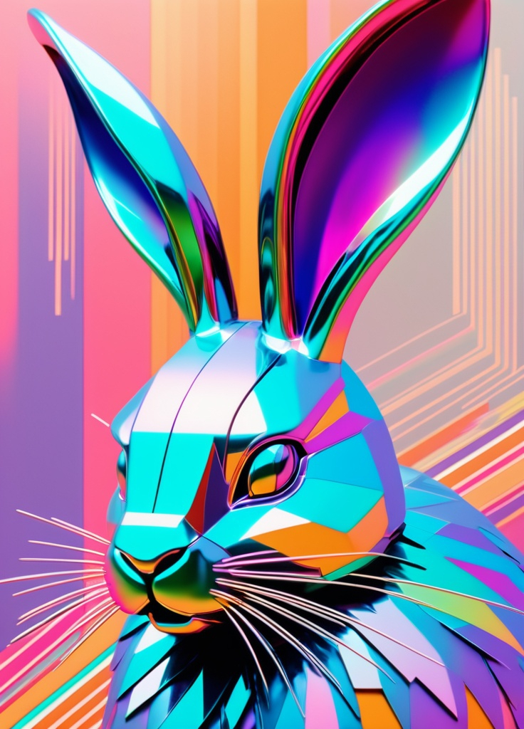 Prompt: Metallic iridescent Easter Bunny in the style of constructivist glitch art, psychedelic pastel colors